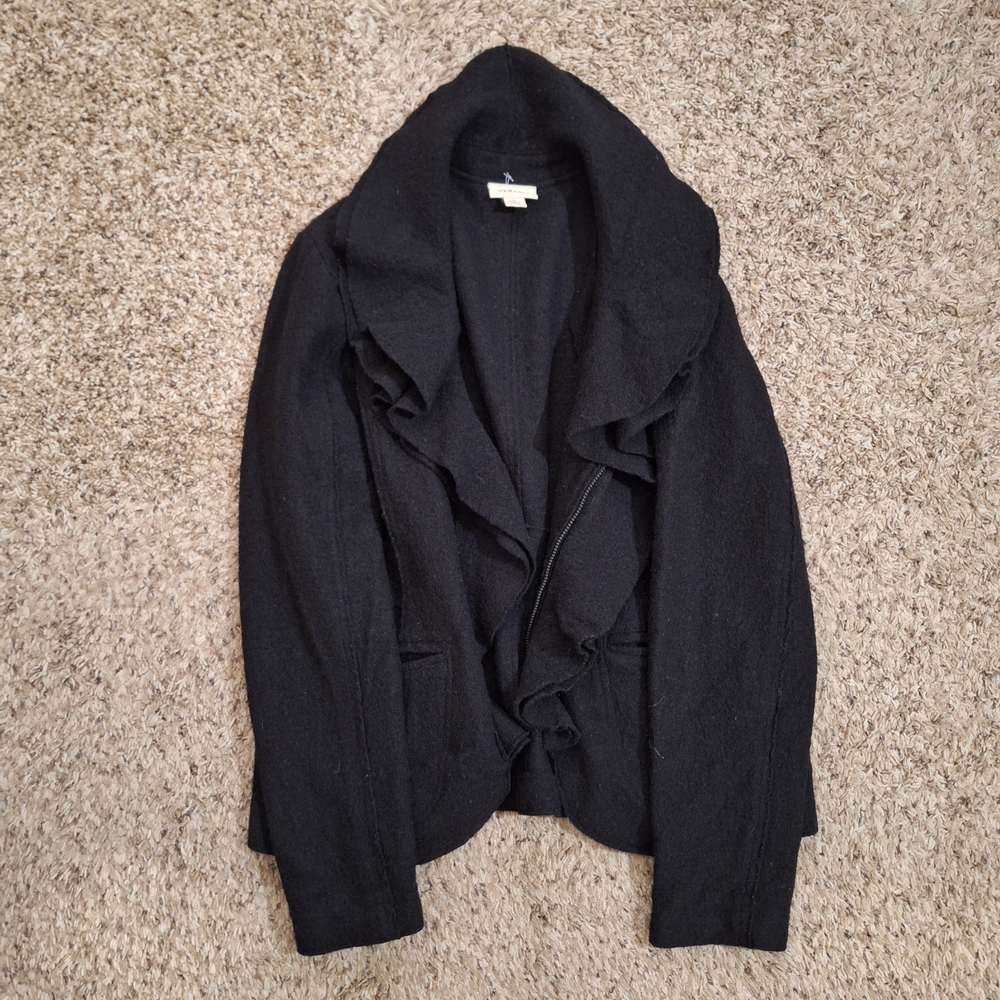Venario 100% Wool Black Ruffle Waterfall Zip Jacket L